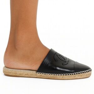 CHANEL Black Espadrille CC Logo Leather Slip-On Shoes IT36